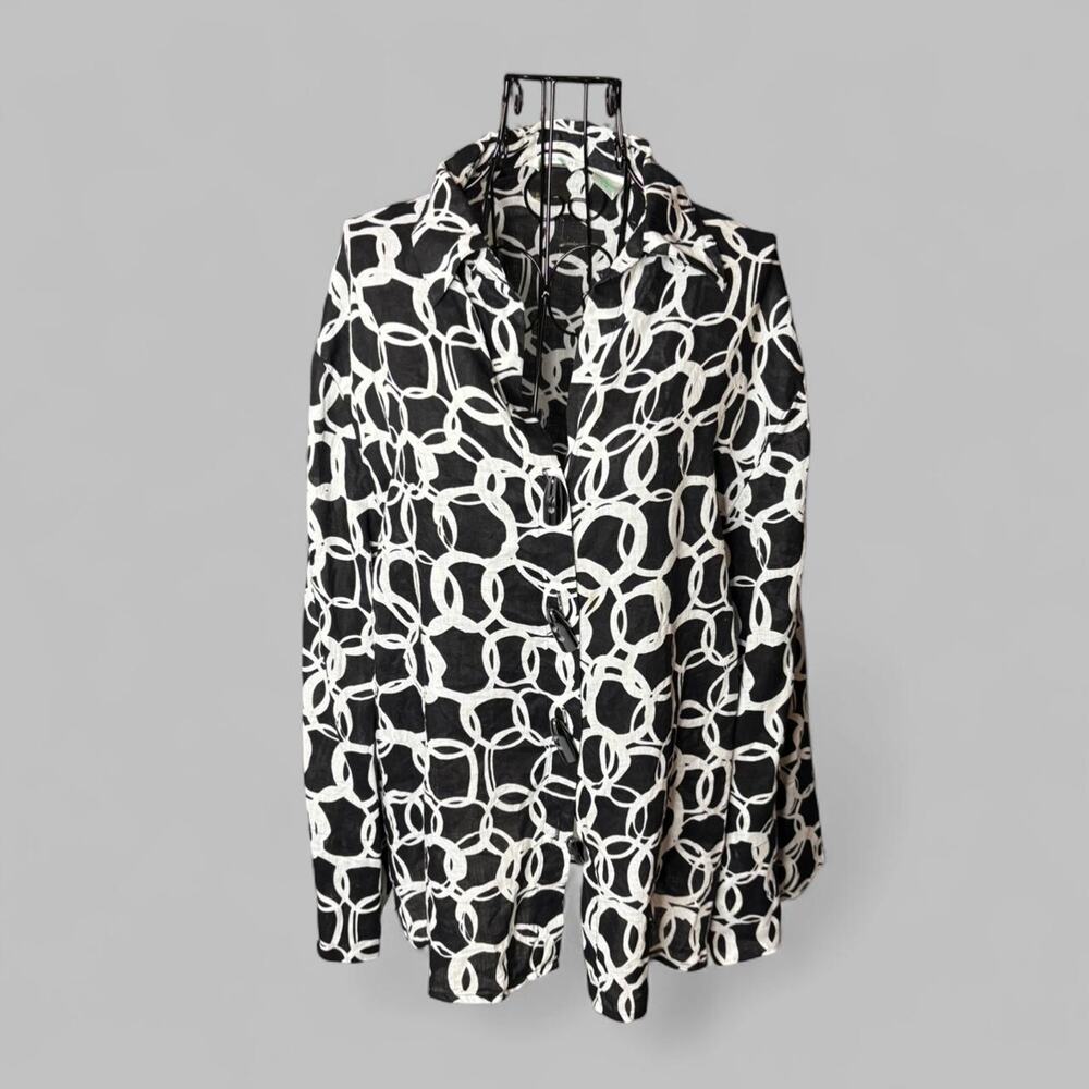 Laura Ashley XL 100% Linen Button Down Shirt Black White Circle Print